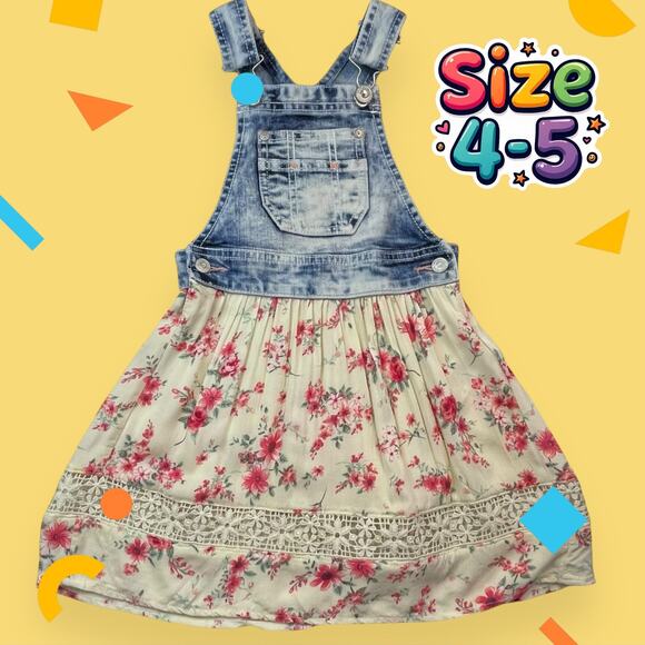 Jordache Girls Size 4/5 Jean Overall Dress Floral Skirt & Lace Trim | Denim Top - Picture 1 of 9